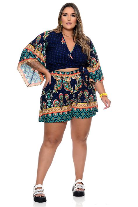 Conjunto Plus Size Em Viscose Estampada Paisley Vk Moda