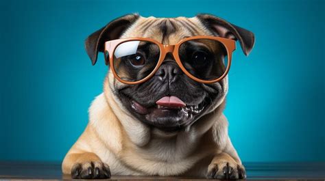 Premium AI Image | Pug Wearing HeartShaped Glasses on a Blue Background