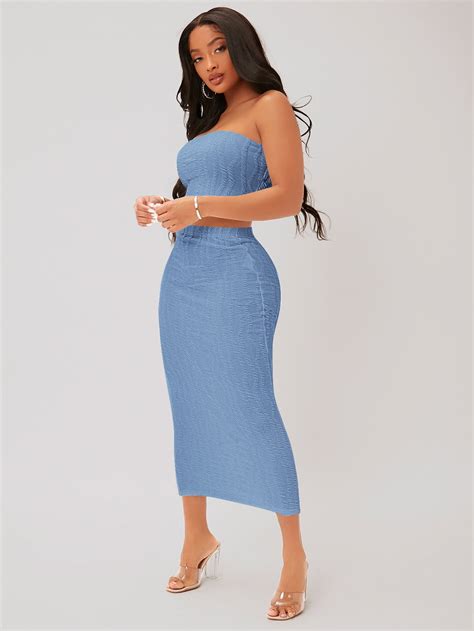 Shein Sxy Textured Crop Tube Top And Pencil Skirt Set Shein Usa