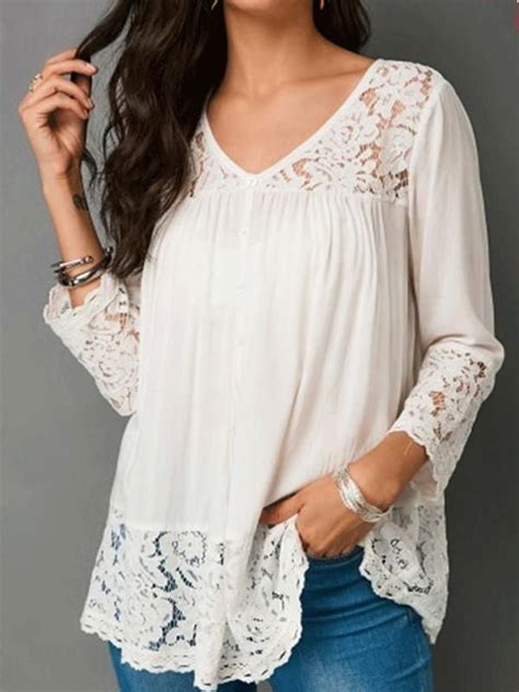 Autumn Spring Summer Polyester Women V Neck Decorative Lace Decorative