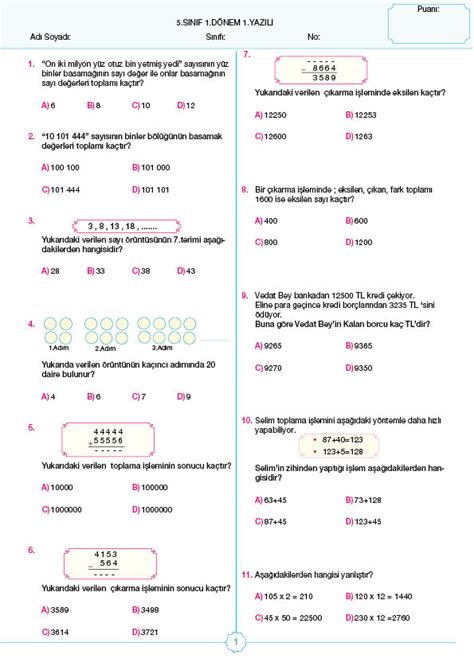 5 Sınıf Matematik 1 Dönem 1 Yazılı Indir Matematikci Web Tr