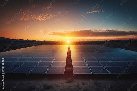 Photo Landscape Of Hundreds Solar Panels Power Plant On Sun Rise