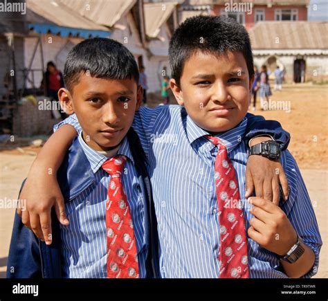 Two young boys in school uniform at Samata Bamboo School, Bhaktapur ...