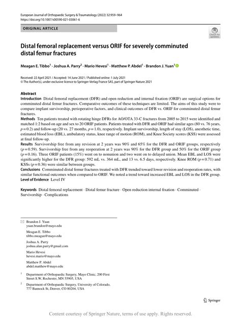 Distal Femoral Replacement Versus Orif For Severely Comminuted Distal