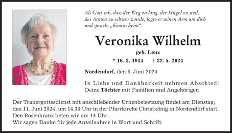 Traueranzeigen Von Veronika Wilhelm Augsburger Allgemeine Zeitung