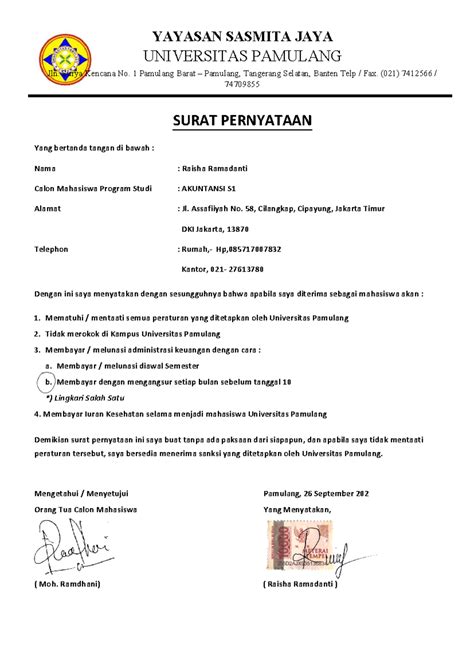 surat pernyataan kepatuhan mahasiswa universitas pamulang studocu