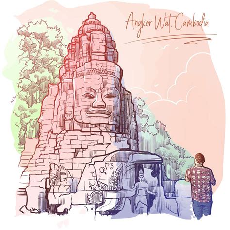 Buddha Temple In Angkor Wat Cambodia Engraving Style Sketch Stock