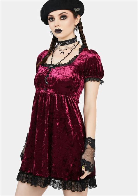 The Grave Girls Crushed Velvet Babydoll Mini Dress Dark Red Dolls Kill