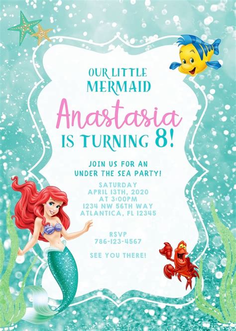 Editable Little Mermaid Birthday Party Invitation Template Ariel