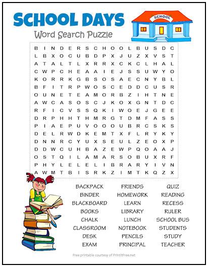 School Days Word Search Puzzle Print It Free