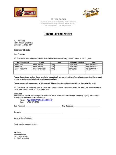 Fillable Online Hq Fine Foods Urgent Recall Notice Core Mark Fax