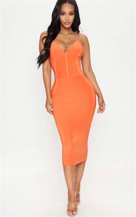 Shape Orange Slinky Panelled Midi Dress Prettylittlething