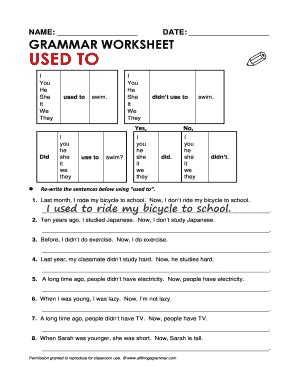 Fillable Online Name Date Grammar Worksheet Used To I You He She It