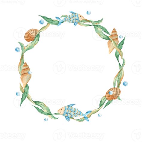 Sea Wreath Cute Fish Seaweeds Seashells And Water Bubbles Marine