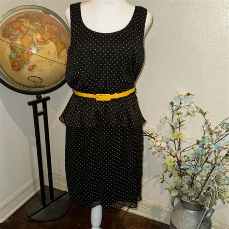 Msk Dresses Msk Black With White Polka Dots And Yellow Belt Size P