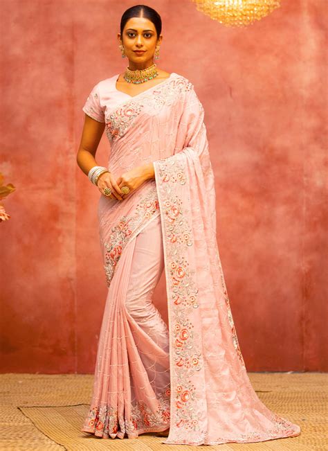 Buy Pink Embroidered Satin Silk Trendy Saree Online