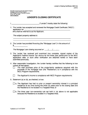 Fillable Online Mcc Lender S Closing Certificate Fax Email Print