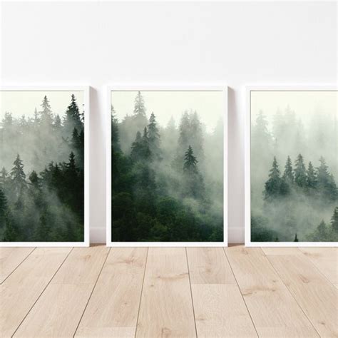 Set Of Three Misty Green Forest Rustic Landscape Art Prints 3 Etsy