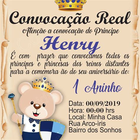 Convite Aniversário Urso Príncipe Realeza 1 aninho DIGITAL Elo7