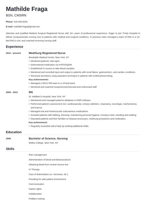 Medical Surgical Nursing Resume Examples Free 9 Sample Clinical Nurse