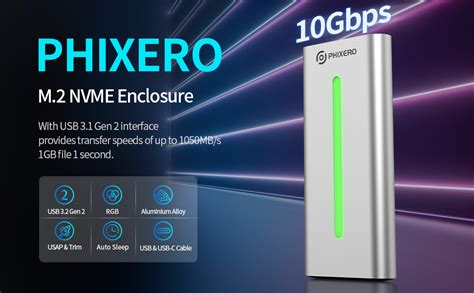 PHIXERO NVMe Enclosure M 2 Enclosure With RGB USB 3 2 Gen 2 10Gbps