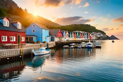 Premium Ai Image A Colorful Row Of Boats Is Docked At A Pier With The