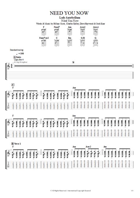 Need You Now Tab by Lady A (Guitar Pro) - Full Score | mySongBook