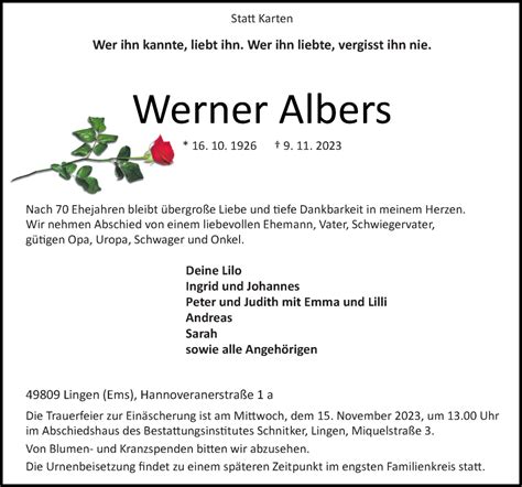 Traueranzeigen Von Werner Albers Noz Trauerportal