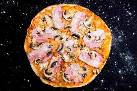 Bacon Pizza With Mushrooms Neapolitan Pizza With Mozzarella Cheese And