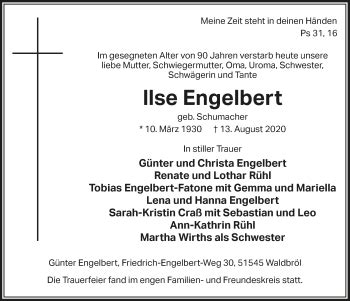 Traueranzeigen Von Ilse Engelbert WirTrauern