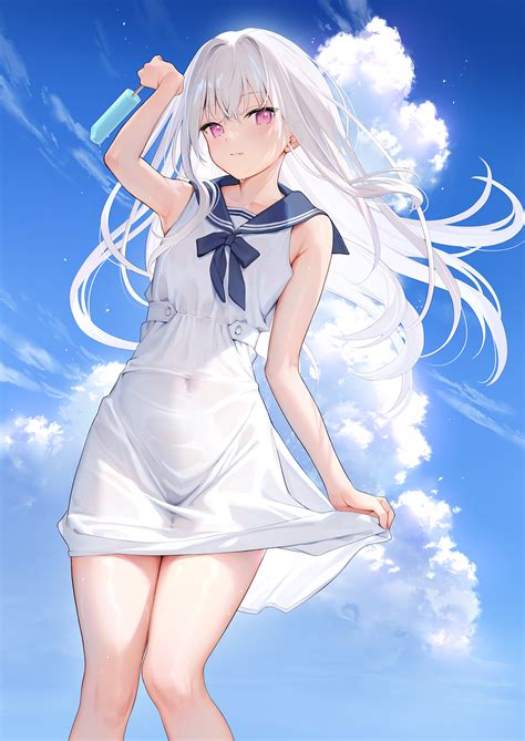 Safebooru 1girl Armpits Bare Arms Bare Shoulders Blue Sky Closed