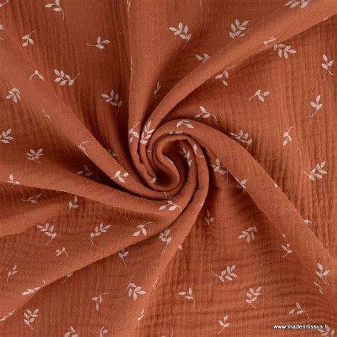 Double Gaze Motifs Petites Feuilles Fond Bois De Rose Oeko Tex