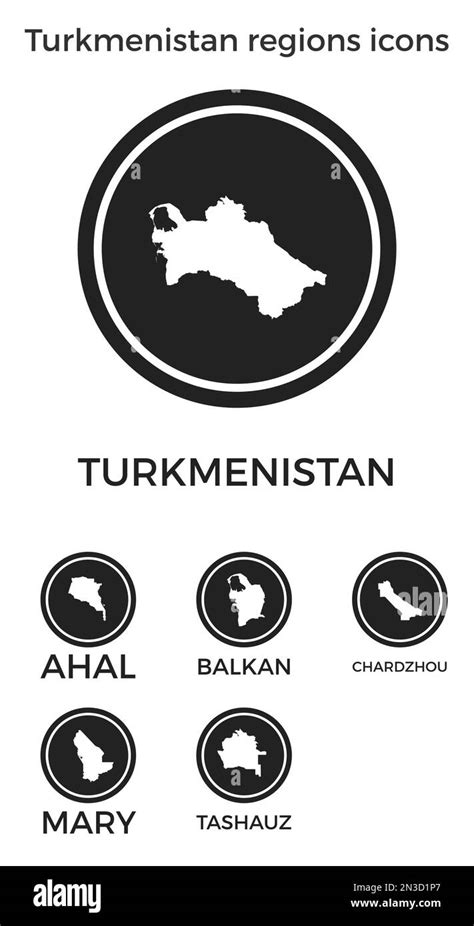 Turkmenistan Regions Icons Black Round Logos With Country Regions Maps