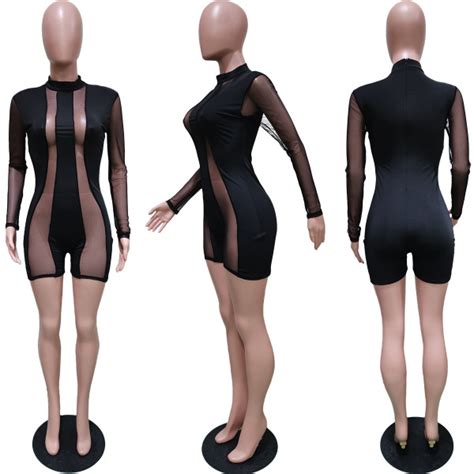 Dear Fashion Wholesale Sexy Mesh Patchwork Long Sleeve Rompers Bgn