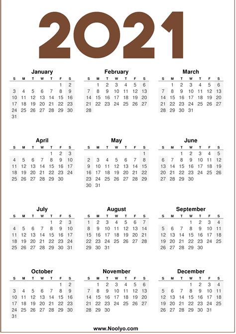 One Page Yearly Calendar Printable 2021