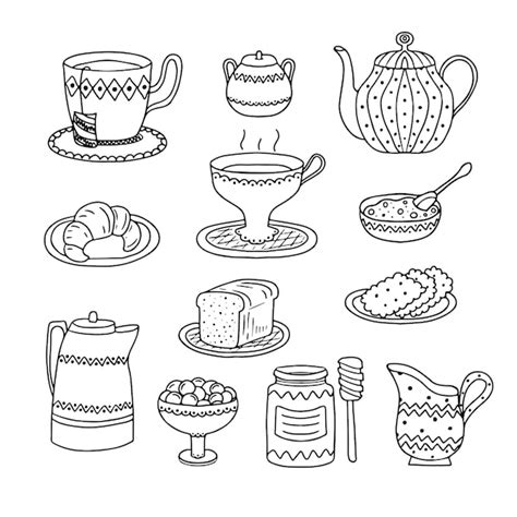 Premium Vector Tea Time Collection In Hand Drawn Doodle Style Cute