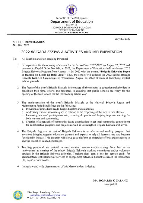 Memo Brigada Eskwela 2022 Republic Of The Philippines Department Of