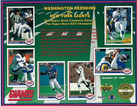 1991 Upper Deck New York Giants Super Bowl Xxv Commemorative Sheet Da