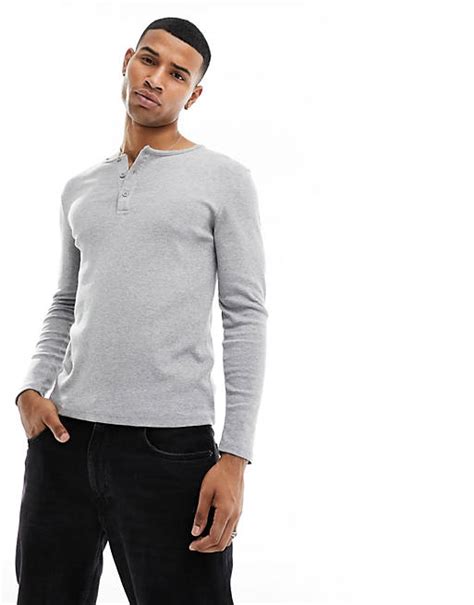 Asos Design Langärmliges Geripptes Henley Muskelshirt In Grau