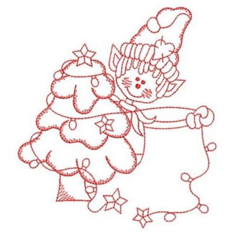 Redwork Christmas Tree Elf Machine Embroidery Design Embroidery