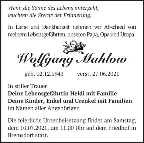 Traueranzeigen Von Wolfgang Mahlow M Rkische Onlinezeitung Trauerportal