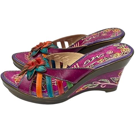 Brand New Womens Size 38 Leather Slip On Sandals Purple Colourful Wedges S