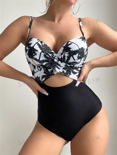 Shein Swim Tropical Print Twist Front Cut Out Push Up One Piece