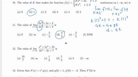 Calculus I Limits Continuity And Derivatives Multiple Choice Questions Youtube