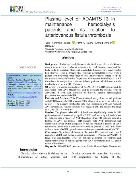 PDF Plasma Level Of ADAMTS 13 In Maintenance Hemodialysis Patients