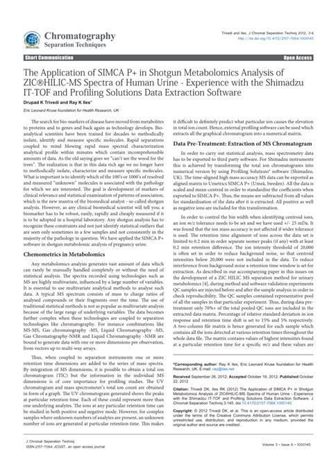 Pdf The Application Of Simca P In Shotgun Metabolomics Analysis Of