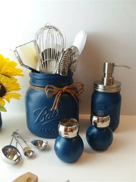 Navy Rustic Kitchen Utensil Holder Mason Jar Decor Kitchen Decor Rustic 55 Custom Colors