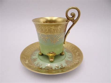 Spectacular DW Porzellan Karlsbader Green And Gold Footed Demitasse