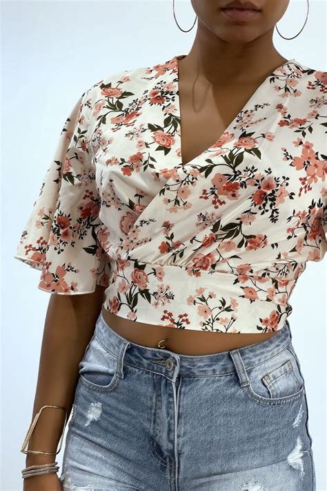 Witte Bloemen Crop Top Overslag Top Met Wijde Mouwen