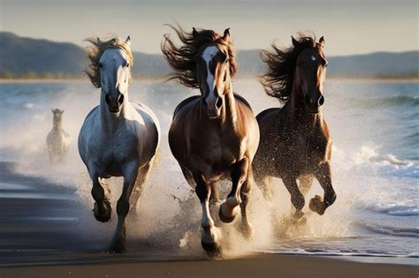 Premium AI Image | horses running on the beach in the morning